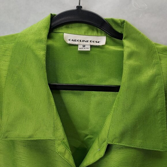 Caroline Rose Blouse Women M Iridescent Green Lagenlook Collared Roll-tab Sleeve - Picture 2 of 10